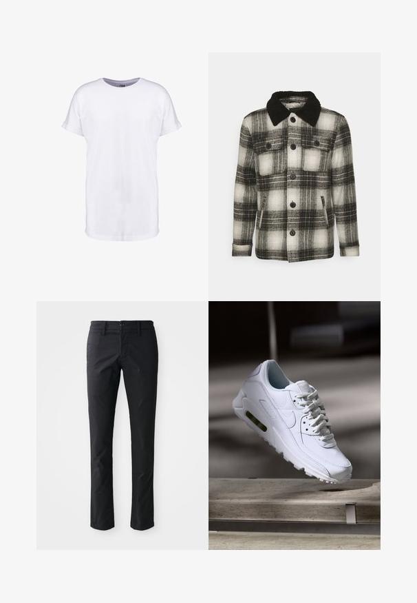 Brave Soul AUGUSTUS - Jas - black/ white check; Witte katoenen t-shirt met korte mouwen, ronde halslijn en een comfortabele pasvorm. Glad textuur en geen zichtbare patronen of ontwerpen.; Zwarte rechte broek gemaakt van gladde stof met een enkele knoopsluiting en riemlussen. Minimalistisch ontwerp zonder zichtbare patronen.; Witte leren sneaker met gestructureerde oppervlakken, gevoerde kraag en zichtbare luchtbescherming in de zool. Heeft veters en een minimalistisch ontwerp.