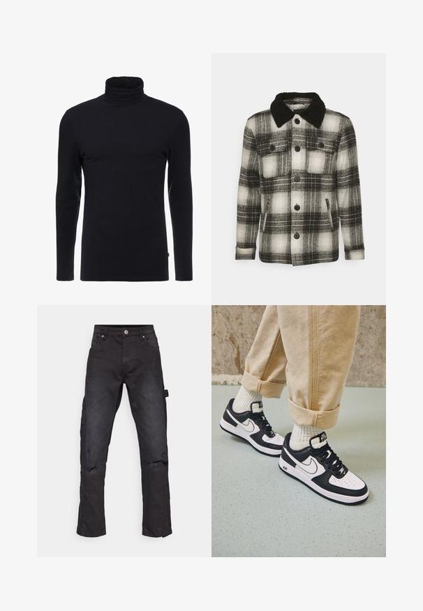 Brave Soul AUGUSTUS - Ľahká bunda - black/ white check; Čierny dlhý rukáv turtleneck s mäkkou a elastickou látkou. Má priliehavý strih a hladkú textúru. Bez viditeľných vzorov alebo akcentov.; Čierne džínsy cargo s rovný strihom, so zničenými kolenami a bočnou kapsou, vyrobené z pevnej textúrovanej látky.; Čierno-biele tenisky Nike Air Force 1 s koženým zvrškom, perforovanou špičkou a textúrovanou podrážkou, kombinované s ohrnutými béžovými nohavicami a bielymi ponožkami.