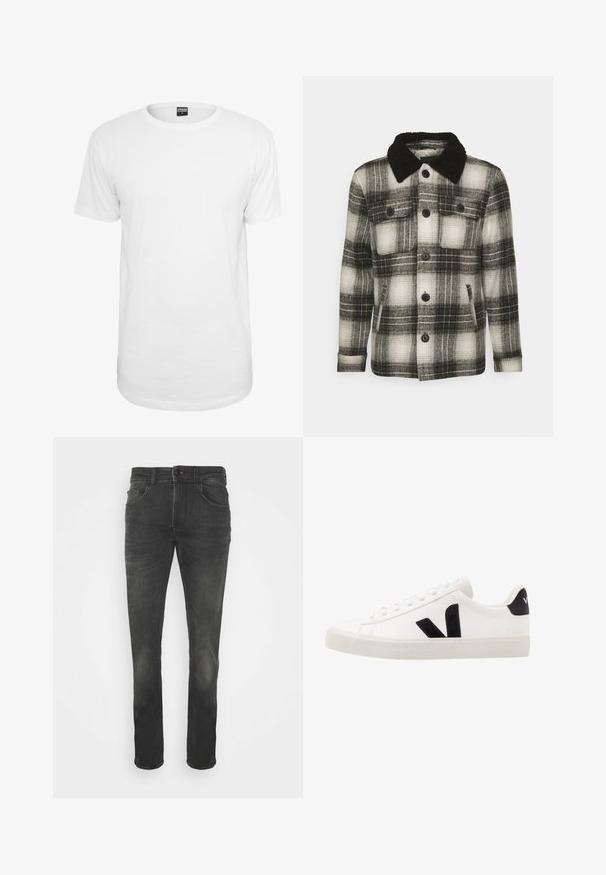 Brave Soul AUGUSTUS - Veste mi-saison - black/ white check; T-shirt blanc à manches courtes en coton, avec un col rond classique, une coupe décontractée et sans motifs ni logos visibles.; Jean en denim noir avec une coupe slim, un design à cinq poches, des coutures visibles et un motif légèrement délavé. Il est doté d'une fermeture à bouton et de passants de ceinture.; Sneaker blanche en cuir avec des accents en daim noir ; dispose d'une semelle en caoutchouc, d'un bout rond et d'un design classique à lacets. Logo latéral en noir.