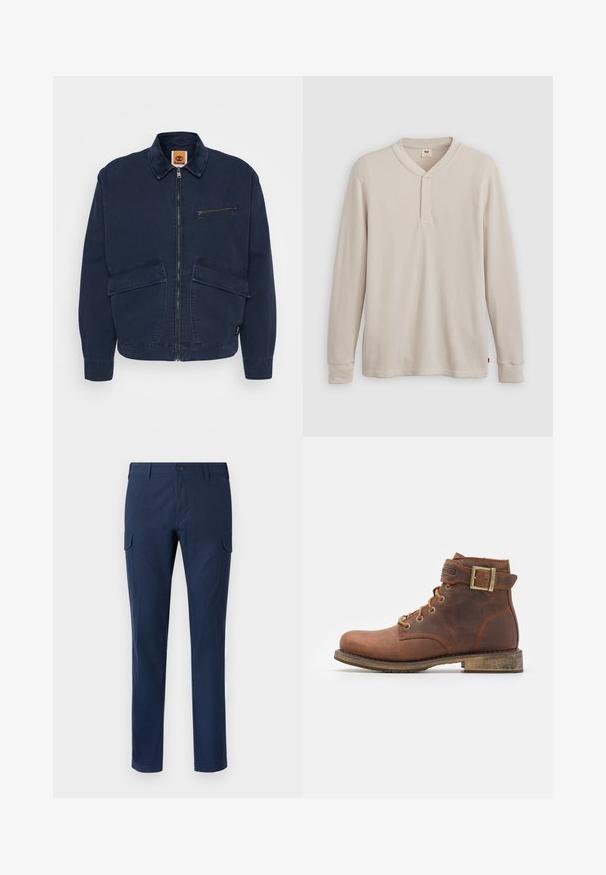 Timberland STRAFFORD JACKET - Let jakke / Sommerjakker - dark sapphire; Langærmet henley-skjorte i lys beige ribbet stof, med V-hals, tre-knap placket og manchetter ved ærmerne. Rød logo-tags ved kanten.; Marine cargo bukser lavet af bomuld, med sidelommer, knaplukning, lige ben og en glat tekstur.; Harley Davidson VNTGMOTO SHORT RIDING APPROVED - Cowboy- / bikerstøvlette - brown