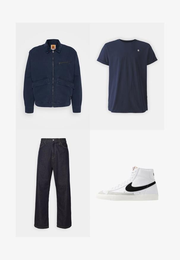 Timberland STRAFFORD JACKET - Kevyt takki - dark sapphire; T-paita tummansinisestä puuvillasta, lyhyet hihat, pyöreä kaula-aukko ja kierrettyjä hiharesoreita. Voimassa pieni logo ylärinnan alueella.; Tummansiniset suorat farkut, joissa on keltainen ommel, etupainike, vetoketjuluukku ja viisi taskua.; Valkoiset korkeavartiset tennarit, joissa on musta swoosh, teksturoitu harmaa varvaskuppi ja litteä valkoinen pohja. Varustettu kuudella reiällä nauhoille ja ommelluilla yksityiskohdilla.
