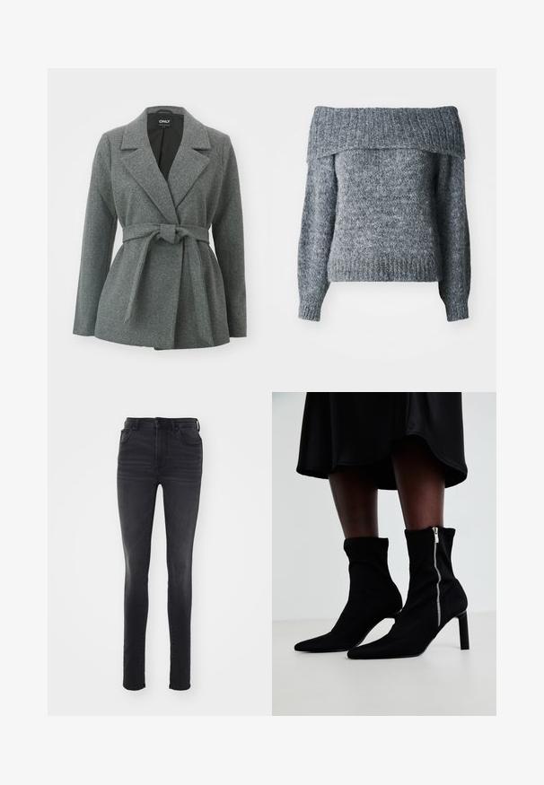 ONLY ONLALVILDA LIFE SHORT WRAP COAT - Korte frakker - medium grey melange; Grå off-shoulder sweater, strikket tekstur, lange ærmer, ribbet kant og halsudskæring med en løs pasform, velegnet til lagdeling.; Slankt fit sorte jeans lavet af denim, med høj talje, fem-lomme design, subtil falmning og lige silhuet.; Sorte ankelstøvler med en strækbart stofoverdel, spids tå og en sidelukning med lynlås, sat på en slank, høj hæl.
