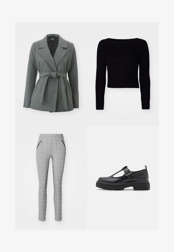 ONLY ONLALVILDA LIFE SHORT WRAP COAT - Manteau court - medium grey melange; Pull en tricot noir à manches longues avec une texture côtelée et une encolure large ; longueur cropped avec des détails de couture subtils sur les manches.; Pantalons à carreaux gris avec une coupe slim, dotés d'une taille haute et de poches latérales zippées. Le tissu a une texture lisse et un motif détaillé.; Chaussure en simili cuir noir avec texture crocodile, bout arrondi, bride à la cheville avec boucle métallique et semelle en caoutchouc épaisse.