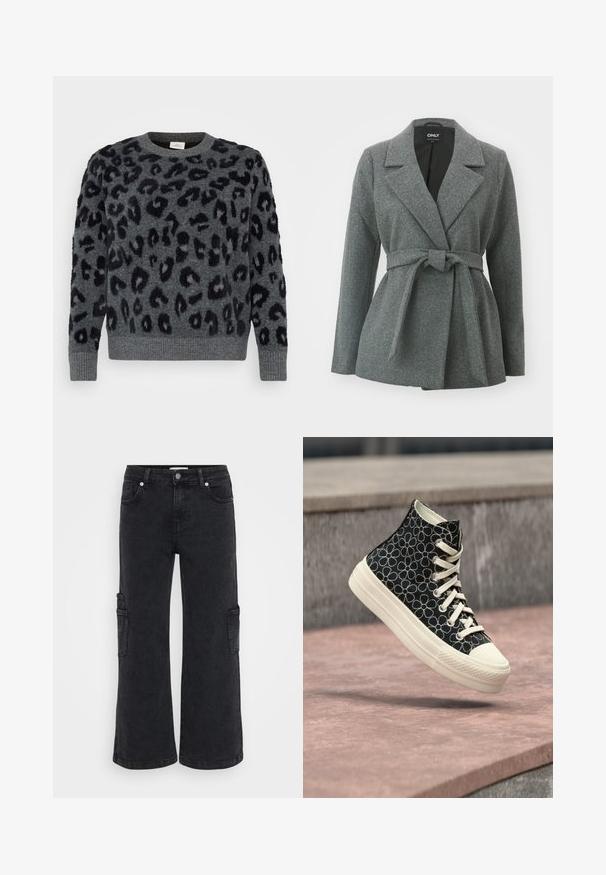 ONLY ONLALVILDA LIFE SHORT WRAP COAT - Pitkä takki - medium grey melange; Harmaa neule, jossa on mustia leopardiläikkiä, pyöreä kaula-aukko ja resorikämmenet, valmistettu pehmeästä, teksturoidusta materiaalista.; Mustat denimpöksyt, joissa on leveät lahkeet, etutaskut ja sivun cargo-taskut. Sujuva pinta ja klassinen viiden taskun malli.; Mustat korkeavartiset lenkkarit valkoisella kukkakuviolla, valkoisilla nauhoilla ja paksulla valkoisella pohjalla kellumassa vaaleanpunertavan betonipinnan yläpuolella.
