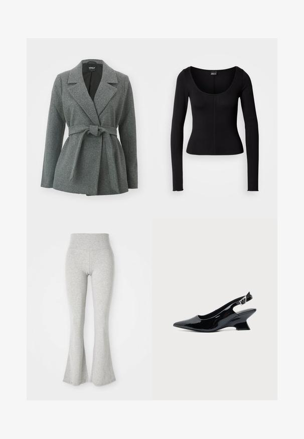 ONLY ONLALVILDA LIFE SHORT WRAP COAT - Halflange jas - medium grey melange; Zwart langärmelig shirt met een ronde hals, nauwsluitend ontwerp en verticale stikseldetails in het midden. Gemaakt van een gladde stof.; Grijze uitlopende leggings van zacht materiaal, voorzien van een elastische tailleband en een gladde textuur, die uitlopen naar een flared afwerking aan de onderkant.; Zwarte lakleren slingback schoen met spitse neus en lage schuine blokhak op een effen lichte achtergrond.