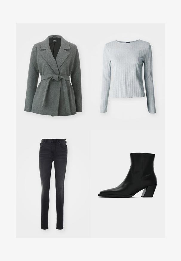 ONLY ONLALVILDA LIFE SHORT WRAP COAT - Korte frakker - medium grey melange; Grå ribbet langærmet bluse med rund halsudskæring, lavet af blødt tekstureret stof; har en let udvidet kant for en afslappet pasform.; Slankt fit sorte jeans lavet af denim, med høj talje, fem-lomme design, subtil falmning og lige silhuet.; Sortlæder ankelstøvle med spids tå, en slank silhuet og en kraftig firkantet hæl. Glat tekstur med minimale stikninger.