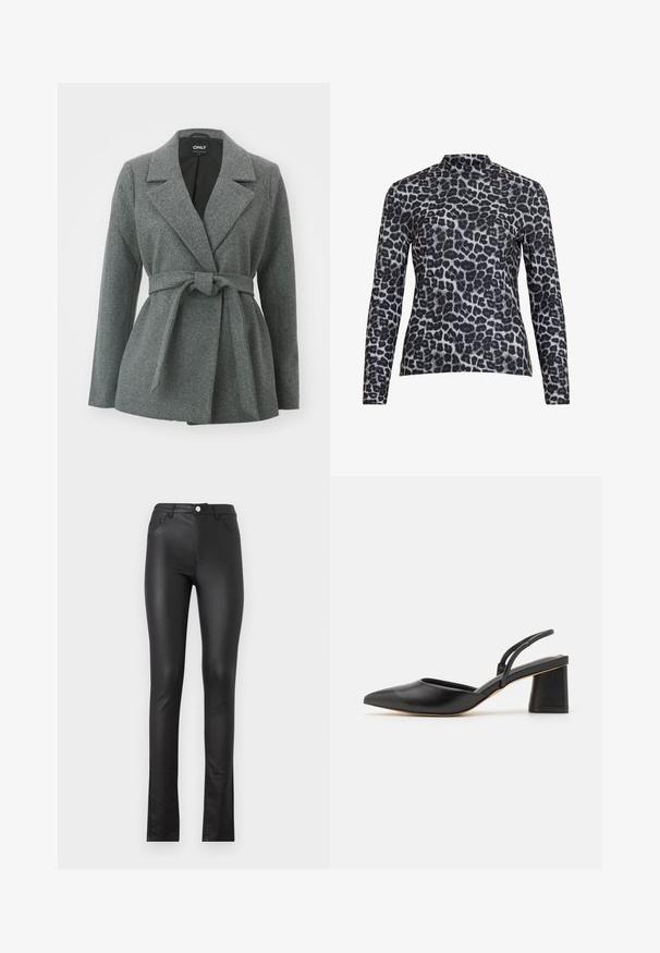 ONLY ONLALVILDA LIFE SHORT WRAP COAT - Halflange jas - medium grey melange; Lange mouw top met een hoge hals, gemaakt van een gladde stof in een zwart-groen panterprint patroon.; Zwarte neplederen broek met een slim fit, voorzien van een knopsluiting aan de voorkant, twee voorkeepockets en een licht uitlopende zoom aan de onderkant.; Zwarte leren slingback schoen met een spits toelopende neus, lage blokhak en minimalistisch ontwerp met dunne bandjes en gladde textuur.