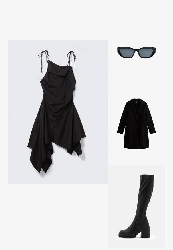 Sort uldfrakke med notches krave, lange ærmer og sidelommer. Glat tekstur, knælangt design, minimale accenter.; Sort asymmetrisk kjole med tynde bindebånd, draperet bodice og lommetørklædeformet kant på en lysegrå baggrund.; Sorte knæhøje støvler lavet af glat syntetisk materiale, med en tyk blokhæl og strømlinet design med elastisk top.; Sorte katteøje-solbriller med tykke stel og mørke tonede linser, vist mod en hvid baggrund.