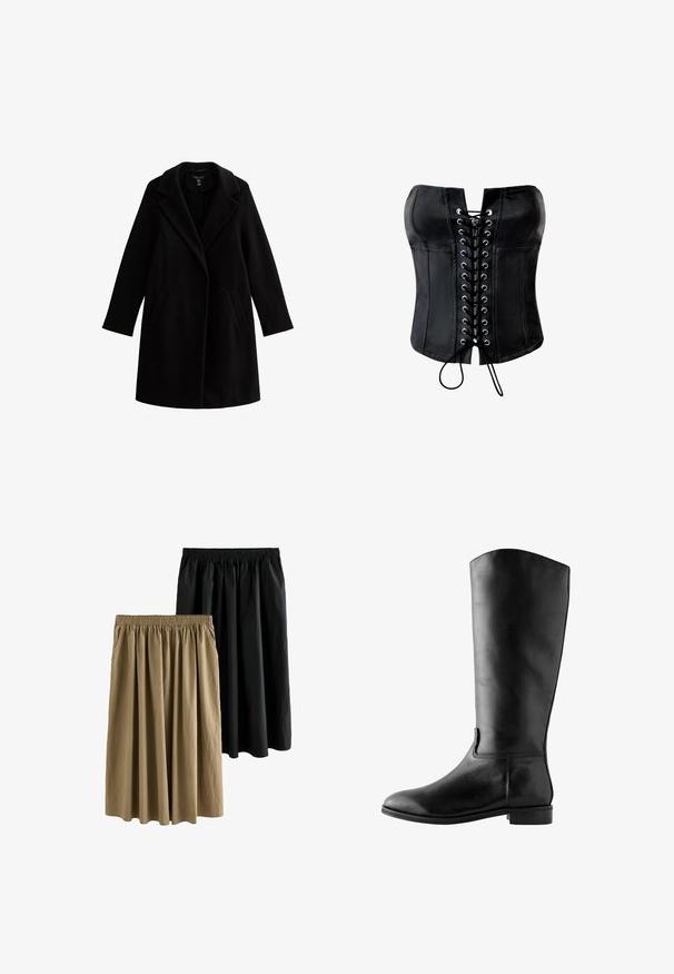 Sort uldfrakke med notches krave, lange ærmer og sidelommer. Glat tekstur, knælangt design, minimale accenter.; Sort satin-corset med en struktureret form, snørelukning foran med sølvøjer og en glat finish. Har en lige, stropløs halsudskæring.; To knælange nederdele: en sort og en khaki. Begge har en elastisk talje og et flydende design med blødt, struktureret stof.; Sort læderknæhøj støvle med lav hæl, rund tå og minimal syning, vist fra siden mod en hvid baggrund.