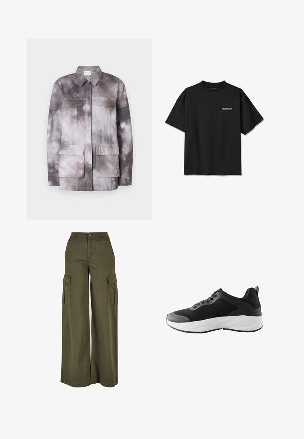Ľahká bunda s motívom tzv. tie-dye v odtieňoch sivej a krémovej. Obsahuje dve náprsné vrecká a predný zips. Hladká textúra a štruktúrovaný dizajn.; Čierne tričko s krátkym rukávom a okrúhlym výstrihom, s malým bielym nápisom "PEGADOR" na ľavej hornej časti hrudníka.; Olívovo zelené široké nohavice typu cargo s dvoma bočnými vreckami, vyrobené z mäkkej a odolnej látky. Majú precízne šitie a zapínanie na gombík.; Čierno-šedá športová teniska s bielou masívnou podrážkou, sieťovinovým zvrškom, šnurovaním vpredu a pútkom na päte, zobrazená v bočnom pohľade.