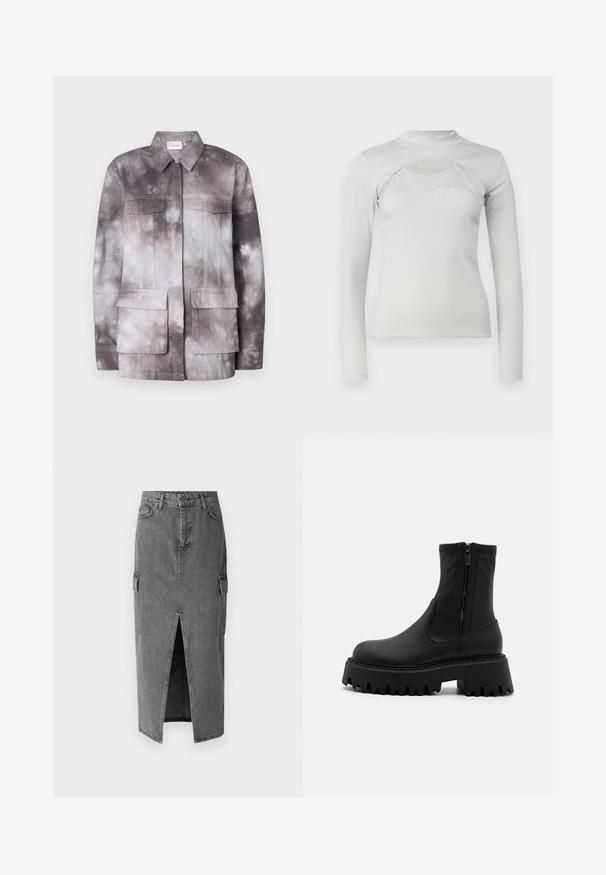 Ľahká bunda s motívom tzv. tie-dye v odtieňoch sivej a krémovej. Obsahuje dve náprsné vrecká a predný zips. Hladká textúra a štruktúrovaný dizajn.; Svetlosivý top s dlhým rukávom, s vrúbkovanou textúrou, s nákrčníkom, detailom s výrezom a malou vyšitou nášivkou na hrudi.; Sivá denimová midi sukňa s rovnou siluetou, dvoma bočnými vreckami a predným rozparkou pre pohodlný pohyb. Klasická denimová textúra.; Čierne členkové čižmy vyrobené z matného syntetického materiálu, s bočným zipsom, masívnou platformou s jemne zúbkovanými okrajmi a zosilnenými švami.