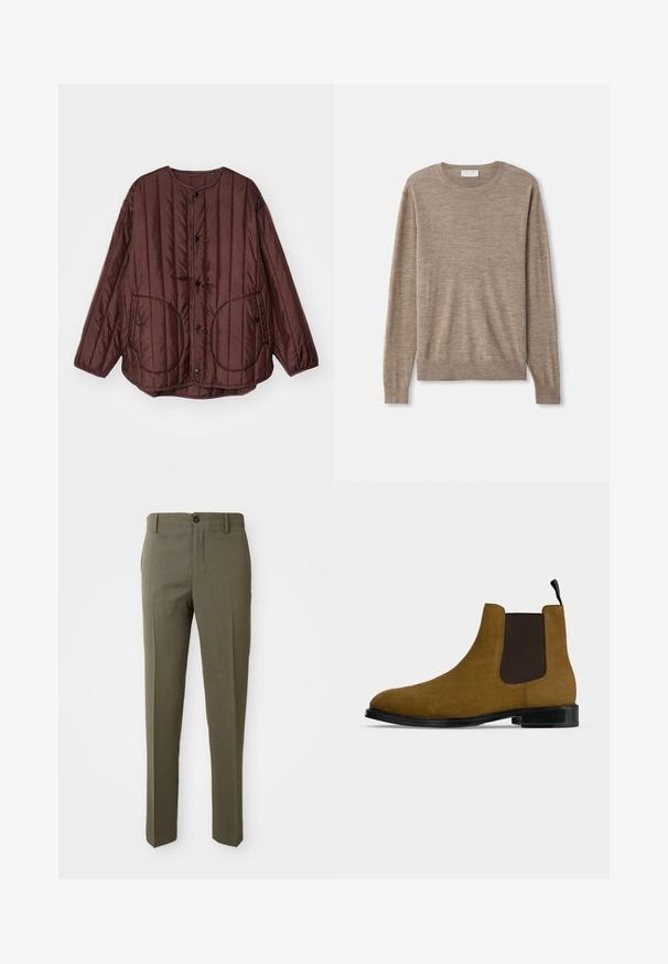 Braune gesteppte Jacke mit rundem Ausschnitt, Druckknöpfen, zwei großen runden Taschen und strukturiertem vertikalen Nähten über die gesamte Jacke.; Beiger Pullover aus feinem Strickmaterial. Mit Rundhalsausschnitt, langen Ärmeln und gerippten Bündchen sowie Saum. Einfaches und zeitloses Design.; Olivgrüne maßgeschneiderte Hose mit glatter Textur, geradem Bein, einem einzigen Frontknopf und praktischen Seitentaschen.; Brauner Chelsea-Boot aus Wildleder mit schwarzem elastischem Seitenteil, schwarzer Sohle und Zuglasche vor hellem grauem Hintergrund.