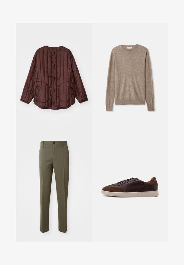 Brun quiltet jakke med rund halsudskæring, trykknapper, to store cirkulære lommer og tekstureret lodret syning over hele jakken.; Beige sweater lavet af fint strikket materiale. Har en rund halsudskæring, lange ærmer samt ribkantede manchetter og søm. Simpelt og klassisk design.; Olivengrønne skræddersyede bukser med en glat overflade, lige bendesign, enkelt foretrukket knap og sidelommer for funktionalitet.; Lavtop brune læder- og ruskindsneakers med mørkebrune snørebånd og en hvid gummisål set fra ydersiden.
