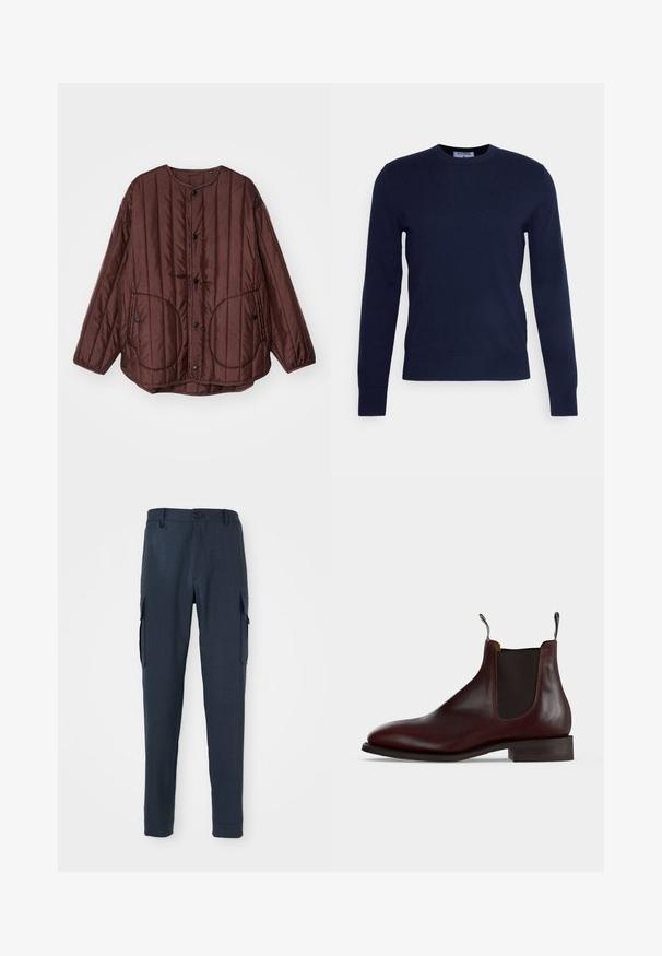 Brun quiltet jakke med rund halsudskæring, trykknapper, to store cirkulære lommer og tekstureret lodret syning over hele jakken.; Mørkeblå crew-neck sweater lavet af blødt stof, med lange ærmer og ribbet kant. Ingen synlige mønstre eller dekorationer.; Marine cargo bukser med en tekstureret stof, slim fit, knaplukning i taljen og sidelommer for ekstra funktionalitet.; Mørkebrun læder Chelsea-støvle med elastisk sidepanel, lav hæl og trækflapper foran og bagpå.