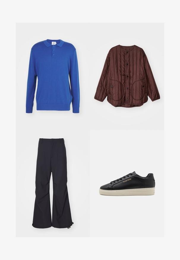 Brun quiltet jakke med rund halsudskæring, trykknapper, to store cirkulære lommer og tekstureret lodret syning over hele jakken.; Langærmet blå polo-sweater med krave, tre knaplukninger og ribbede manchetter og kant. Fremstillet af et blødt strikket stof.; Marineblå, brede bukser lavet af glat stof, med to forlommer og snoretræk ved kanten. Renset, skræddersyet design uden udsmykning.; Sorte lædersneakers med en glat finish, kontrasterende cremefarvet sål, rund tå, guld logo på siden og seks huller til snørebånd.