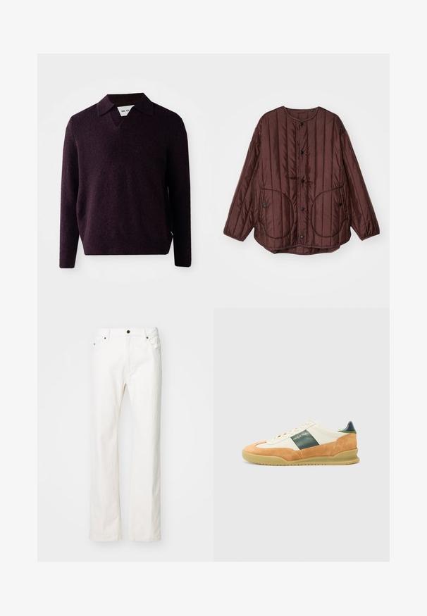 Chaqueta acolchada marrón con cuello redondo, botones a presión, dos grandes bolsillos circulares y costuras verticales texturizadas en toda la prenda.; Suéter de punto en púrpura oscuro con escote en V, mangas largas y un acabado texturizado. Presenta un cuello clásico y una etiqueta lateral.; Jeans de mezclilla blanca con un diseño de pierna recta, que presentan un estilo de cinco bolsillos, un cierre de botón metálico y detalles de costura mínimos.; Zapatilla atlética blanca y tostada con materiales de ante y piel. Raya de acento verde, suela de goma y un mínimo de marca en dorado en el lateral.