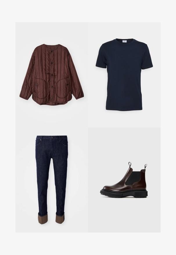 Brun quiltet jakke med rund halsudskæring, trykknapper, to store cirkulære lommer og tekstureret lodret syning over hele jakken.; Marineblå crew-neck t-shirt lavet af blødt stof. Korte ærmer med en klassisk pasform, der har et mærke ved halsen. Glat tekstur, minimalistisk design.; Mørkeblå denim jeans med lige pasform, forsynet med opuldet nederdel i et struktureret brunt materiale med et logo- mønster. Standard fem-lomme design.; Brune læder Chelsea støvler med en sort elastisk sidepanel, trækstropper og en struktureret sort gummisål. Glat finish og design med rund tå.