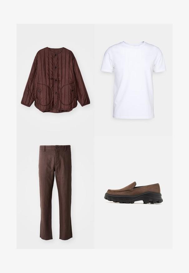 Veste matelassée brune avec un col rond, des boutons pression, deux grandes poches circulaires et des coutures verticales texturées sur toute sa surface.; T-shirt blanc à manches courtes en tissu de coton avec un col rond. Design simple sans motifs ni accents. Texture lisse.; Pantalon en lin marron avec une texture lisse, présentant une coupe droite, des poches avant, des passants de ceinture et une fermeture à bouton simple à la taille.; Chaussure slip-on en daim marron avec une semelle en caoutchouc noir épaisse dotée de motifs de traction audacieux et d'un design de bout arrondi et lisse.