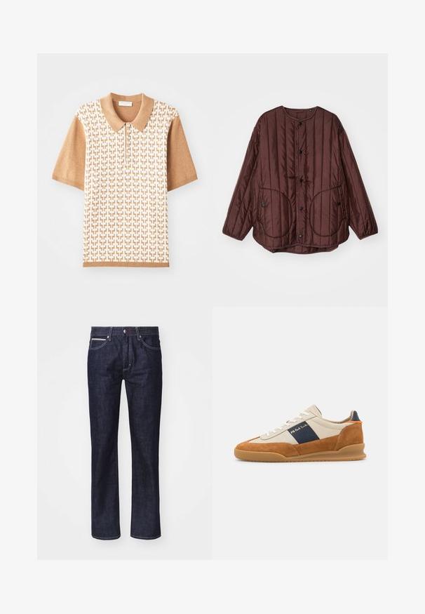 Brun quiltet jakke med rund halsudskæring, trykknapper, to store cirkulære lommer og tekstureret lodret syning over hele jakken.; Kortærmet polo shirt med et beige teksturmønster, lys brown krave og manchetter, med tre knapper og geometriske designs.; Mørkeblå denim jeans med lige pasform, diskrete kontrastsyninger, fem lommer og knappelukning i taljen.; PS Paul Smith DOVER - Sneakers - cognac/off-white