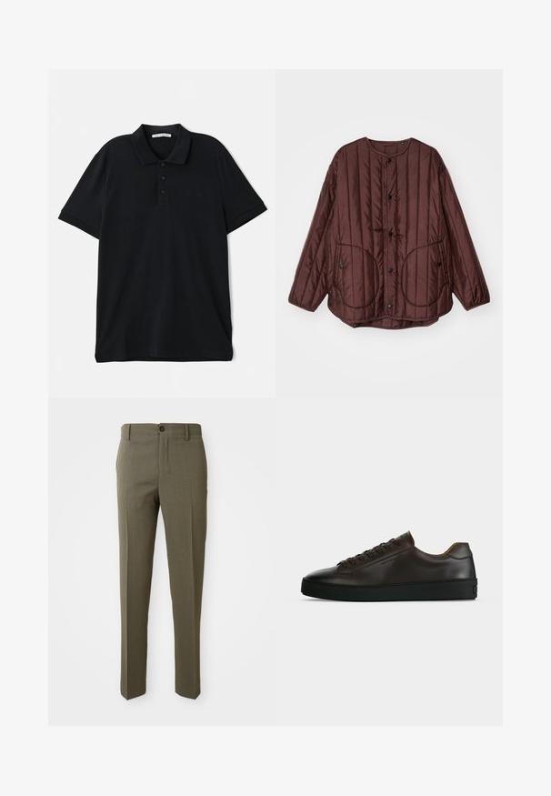 Veste matelassée brune avec un col rond, des boutons pression, deux grandes poches circulaires et des coutures verticales texturées sur toute sa surface.; Polo shirt noir en coton, avec un col classique, une patte de boutonnage à trois boutons, des manches courtes et un discret logo sur le devant.; Pantalons ajustés vert olive avec une texture lisse, coupe droite, bouton avant unique et poches latérales pour la fonctionnalité.; Baskets basses en cuir marron foncé avec semelle en caoutchouc noire, lacets à l'avant et design minimaliste épuré sur fond clair.
