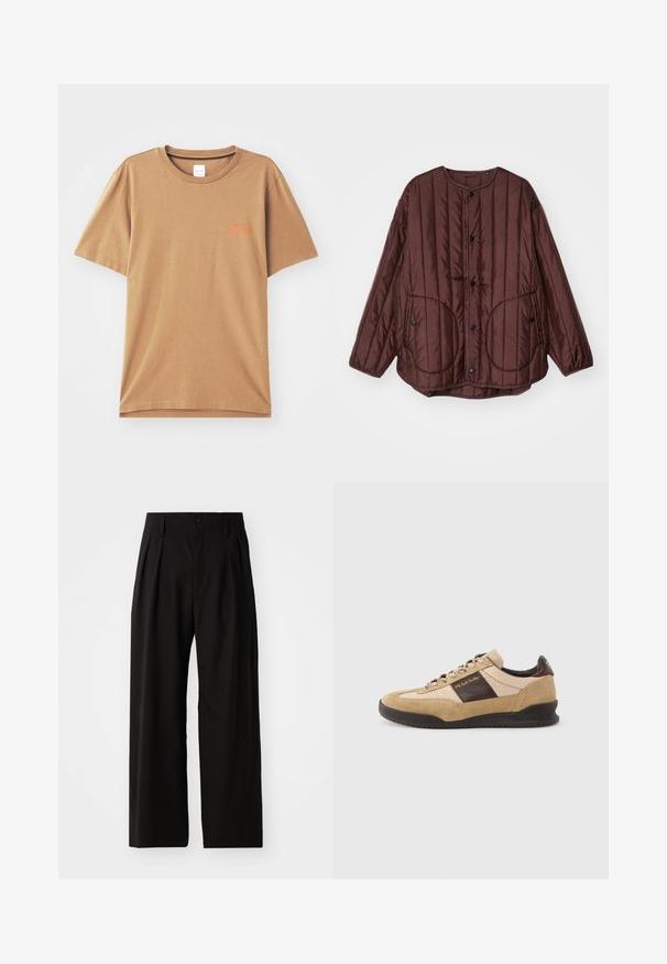 Chaqueta acolchada marrón con cuello redondo, botones a presión, dos grandes bolsillos circulares y costuras verticales texturizadas en toda la prenda.; Camiseta de algodón marrón de manga corta con cuello redondo, que presenta un pequeño texto naranja en el pecho y un ajuste relajado.; Pantalones de pierna ancha negros con una textura suave, que cuentan con dos pliegues frontales, cierre de botón y bolsillos laterales. Tejido duradero.; Zapatilla de ante beige con un panel marrón texturizado, talón marrón contrastante y cordones multicolor. Cuenta con una suela de goma negra y una marca dorada.