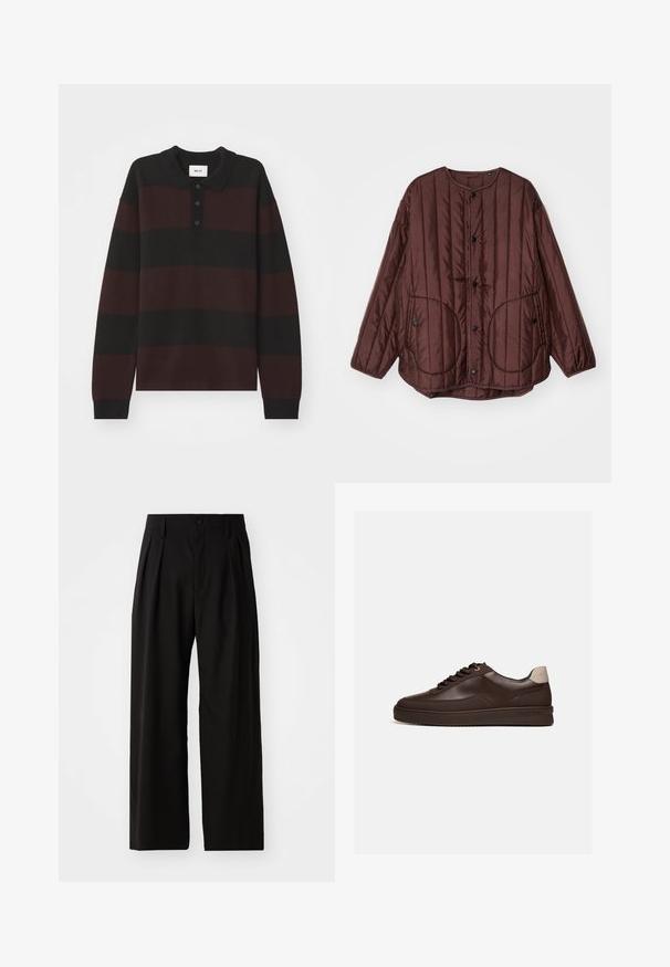 Bruine gestikte jas met een ronde halslijn, drukknoopsluiting, twee grote ronde zakken en textuur in verticale stiksels overal.; NN.07 RUGBY - Longsleeve - black; Zwarte wijde broek met een gladde textuur, voorzien van twee voorklokken, een knoopsluiting en zijzakken. Duurzaam materiaal.; Laagprofiele donkerbruine leren sneaker met geribbelde zool en lichtbeige hieltab, gezien van opzij tegen een witte achtergrond.