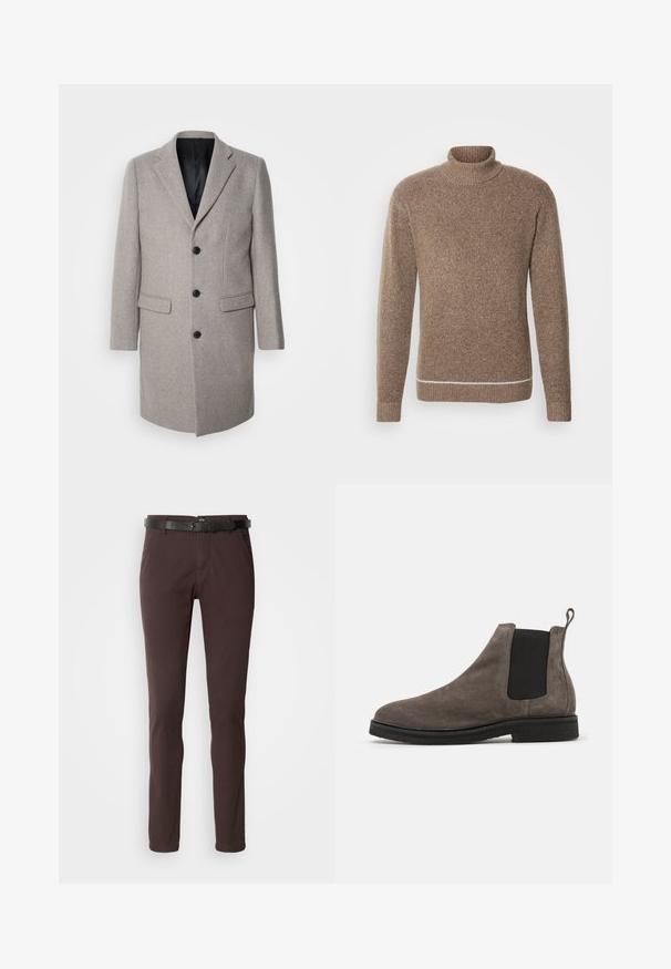 Abrigo de lana gris claro con un diseño a medida, solapas con muesca y tres botones negros. Presenta dos bolsillos frontales y un forro interior negro.; INDICODE JEANS Jersey de punto - otter; Pantalones marrones de corte slim, confeccionados en algodón. Presentan un cinturón de cuero negro y bolsillos estándar. Textura suave con un ligero brillo.; Bota Chelsea de ante gris con paneles laterales elásticos, punta redondeada y tira de agarre. Suela de goma negra plana. Diseño simple y elegante.
