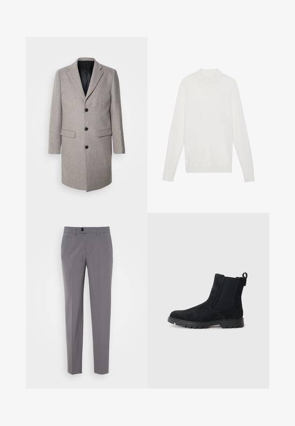 Abrigo de lana gris claro con un diseño a medida, solapas con muesca y tres botones negros. Presenta dos bolsillos frontales y un forro interior negro.; Jersey blanco de cuello alto, con mangas largas y puños y dobladillo acanalados. Fabricado en un suave tejido de punto. Diseño simple y ajustado.; Pantalones grises a medida con una textura suave, diseño de pierna recta, cierre de un solo botón y bolsillos frontales. Sin patrones ni acentos visibles.; Bota Chelsea de ante negro con parte superior texturizada, paneles laterales elásticos, tirador y suela de goma resistente para mayor tracción.