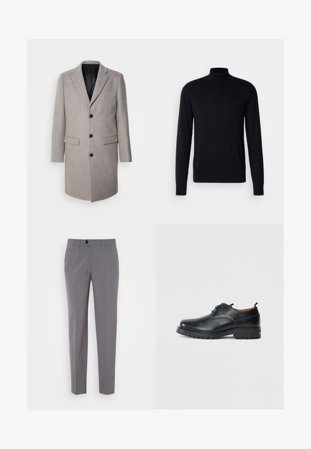 Abrigo de lana gris claro con un diseño a medida, solapas con muesca y tres botones negros. Presenta dos bolsillos frontales y un forro interior negro.; Suéter negro de cuello alto hecho de una tela suave. Presenta mangas largas, cuello y puños acanalados, con una textura suave y sin patrones.; Pantalones grises a medida con una textura suave, diseño de pierna recta, cierre de un solo botón y bolsillos frontales. Sin patrones ni acentos visibles.; Zapatos derby de cuero negro con una textura suave, punta redondeada, diseño de cordones y una suela de goma gruesa y resistente.