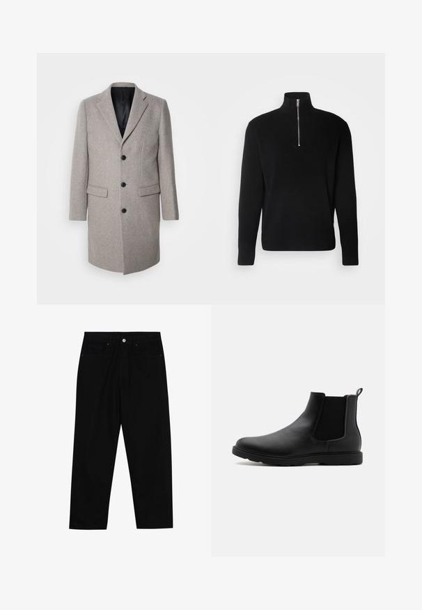 Lys grå uldfrakke med et skræddersyet design, runde slag og tre sorte knapper. Har to forlommer og en sort inderside.; Lindbergh HALF ZIP RIB KNIT - Striktrøje - black; Sorte denim bukser med lige ben, der har to forlommer, en knaplukning foran og subtile syningsdetaljer.; Sorte læder Chelsea støvle med elastiske sidepaneler, en trækflap og en holdbar gummisål. Glat tekstur og strømlinet design.