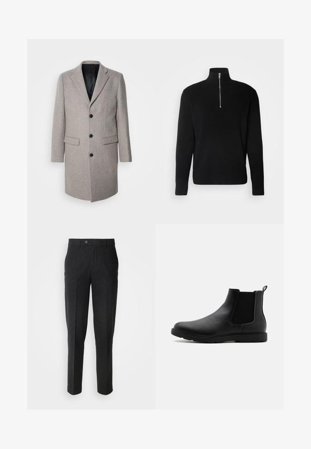 Abrigo de lana gris claro con un diseño a medida, solapas con muesca y tres botones negros. Presenta dos bolsillos frontales y un forro interior negro.; Lindbergh HALF ZIP RIB KNIT - Jersey de punto - black; Lindbergh Pantalones - black melange; Botín Chelsea negro de cuero con paneles laterales elásticos, una tira de agarre y una suela de goma duradera. Textura suave y diseño aerodinámico.