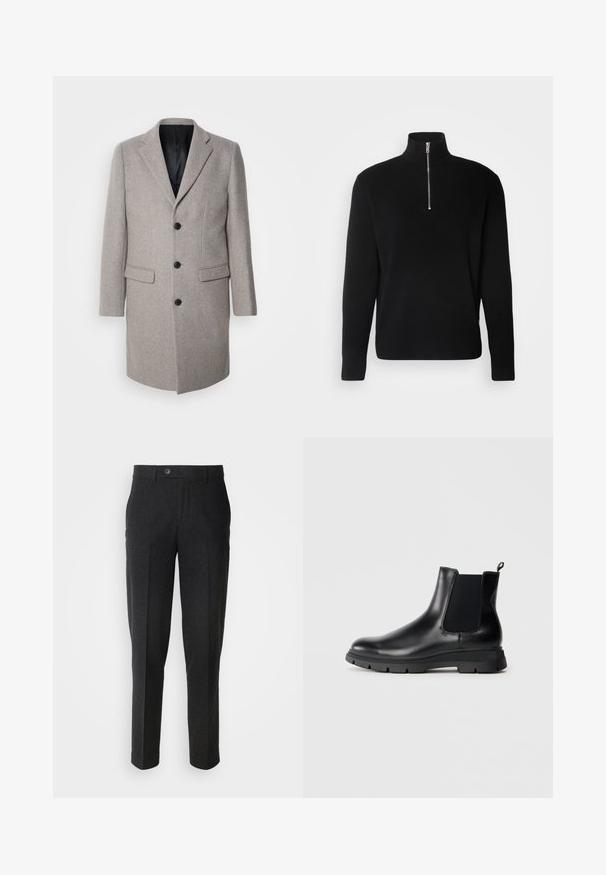 Lichtgrijze wollen jas met een op maat gemaakt ontwerp, ingesneden revers en drie zwarte knopen. Heeft twee voorzakken en een zwarte binnenvoering.; Lindbergh HALF ZIP RIB KNIT - Trui - black; Lindbergh Broek - black melange; Zwarte leren Chelsea boots met elastische panelen, ronde neus en textuurrubber zool. Heeft een aantrekloopje aan de achterkant voor gemakkelijke instap.