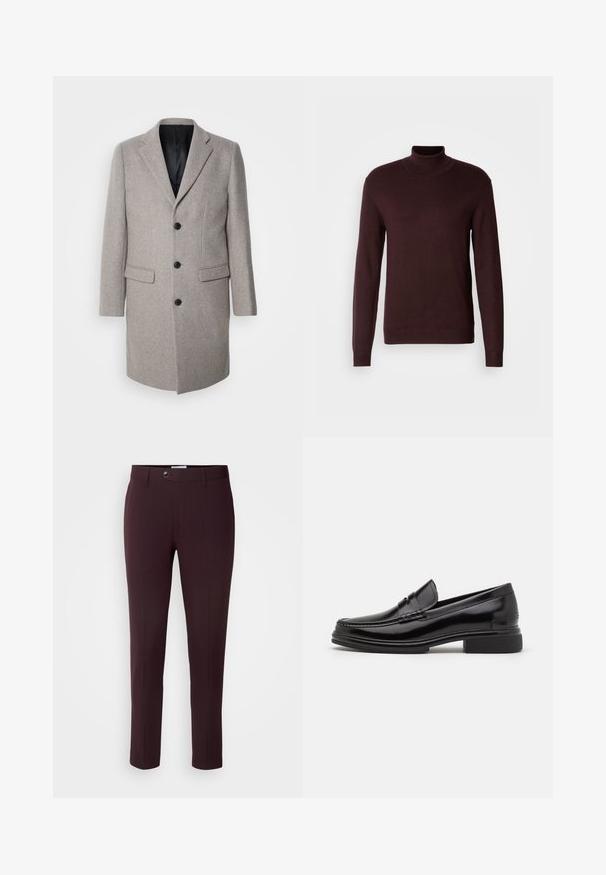Lys grå uldfrakke med et skræddersyet design, runde slag og tre sorte knapper. Har to forlommer og en sort inderside.; Bordeaux turtleneck sweater i blødt strikket stof, med lange ærmer, tætsiddende pasform og ribbet manchetter og kant. Glat tekstur, minimalistisk design.; Mørkeburgunder bukser med slim fit, der har knaplukning, bæltestropper og frontfolder. Glat stof med et glat design.; Sorte læder loafers med en rund tå, der har en syet detalje over vristen og en lav blokhæl. Glat tekstur og blank finish.