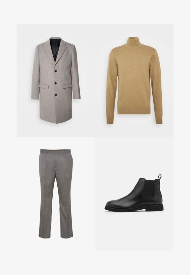 Lys grå uldfrakke med et skræddersyet design, runde slag og tre sorte knapper. Har to forlommer og en sort inderside.; Beige turtleneck sweater lavet af blødt strikstof. Har lange ærmer og en tætsiddende pasform. Ribbet kant og krave. ; Gråstribede bukser med plisseret front, lavet af letvægtsstof, med traditionelle skrå lommer og lige ben.; Sorte læder Chelsea støvler med elastiske sidepaneler og en træksløjfe. Rund tå og flad gummisål, der fremviser en glat finish.