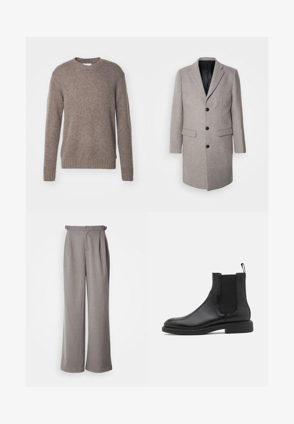 Lys grå uldfrakke med et skræddersyet design, runde slag og tre sorte knapper. Har to forlommer og en sort inderside.; Brun, strikket sweater med rund hals, lange ærmer og ribbede manchetter og kant, som har en blød, tekstureret overflade.; Lysegrå wide-leg bukser lavet af vævet stof. Funktioner folder ved taljen og bæltestropper. Glat tekstur og fuldlængde design.; Sort læder ankelstøvle med glat overflade, elastiske sidepaneler og en trækstrop. Rund tå og flad gummisål med minimal mønster.