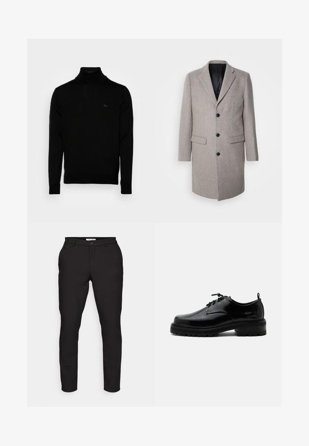Lys grå uldfrakke med et skræddersyet design, runde slag og tre sorte knapper. Har to forlommer og en sort inderside.; Sort turtleneck sweater, ribbet tekstur, lange ærmer, tætsiddende design, diskret Lacoste-logo på brystet, materialet er af mellemvægtigt strik.; Sorte skræddersyede bukser med slim fit. Har lynlås, knaplukning, sidelommer og et glat, let stof.; Sort poleret læder snørestøvle med tyk gummisål og lav hæl, sideskilt med mærketekst "SAMSOE" og bageste træksnor.