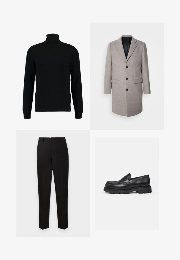 Manteau en laine gris clair au design ajusté, avec des revers crantés et trois boutons noirs. Il dispose de deux poches avant et d'une doublure noire.; Un pull à col roulé noir en matière tricotée douce. Il possède des manches longues, un col et un ourlet côtelés. Son design est simple et épuré, sans motifs.; Pantalon noir sur mesure à coupe droite, doté d'une fermeture à bouton et d'une texture subtile. Pas de motifs ni d'accents visibles.; Mocassin en cuir noir avec semelle épaisse crantée et détail de bride penny, présenté en profil droit sur fond blanc.