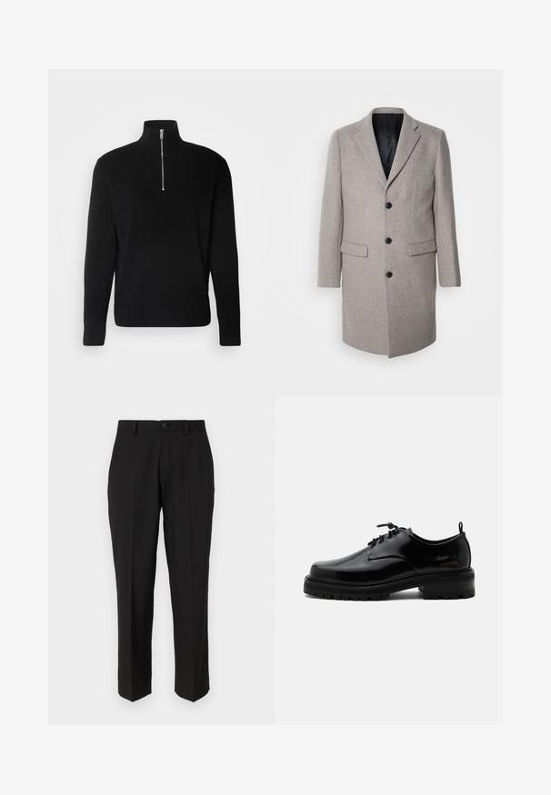 Lys grå uldfrakke med et skræddersyet design, runde slag og tre sorte knapper. Har to forlommer og en sort inderside.; Lindbergh HALF ZIP RIB KNIT - Striktrøje - black; Sorte bukser lavet af glat stof, med lige ben design, forlommer, en enkelt knaplukning, og uden synlige mønstre.; Sort poleret læder snørestøvle med tyk gummisål og lav hæl, sideskilt med mærketekst "SAMSOE" og bageste træksnor.