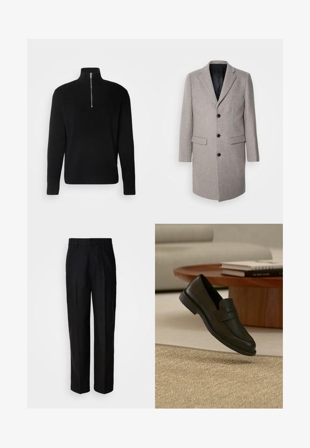 Hellgrauer Wollmantel mit maßgeschneiderter Design, Reverskragen und drei schwarzen Knöpfen. Verfügt über zwei Fronttaschen und ein schwarzes Innenfutter.; Lindbergh HALF ZIP RIB KNIT - Strickpullover - black; Schwarze Hosen aus glattem Stoff, mit geradem Bein, flacher Front und Gürtelschlaufen, vor einem schlichten Hintergrund präsentiert.; Schwarzer Lederloafer-Schuh schwebt über einem beige gewebten Teppich, mit einem Holztisch und gestapelten Büchern in einem sanft beleuchteten Wohnzimmer.