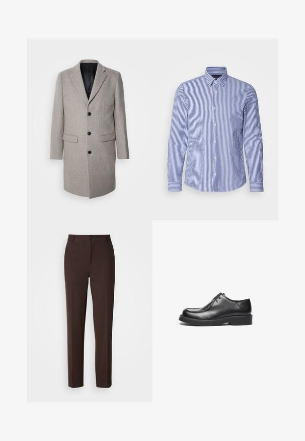 Lys grå uldfrakke med et skræddersyet design, runde slag og tre sorte knapper. Har to forlommer og en sort inderside.; Blå og hvidstribet langærmet skjorte med knapper lavet af vævet bomuld, med klassisk krave og rundet kant. Udstyret med perleknapper.; Brune bukser med lige ben, der har en enkelt forskydning foran, en knaplukning og en glat stofoverflade.; Sorte lædersko med rund tå, lige søm detaljer og en lavprofil gummisål. Klassisk rent design, snørelukning.