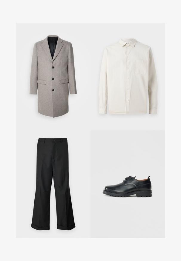 Abrigo de lana gris claro con un diseño a medida, solapas con muesca y tres botones negros. Presenta dos bolsillos frontales y un forro interior negro.; Samsøe Samsøe SADAMON - Camisa - off white; Pantalones anchos negros con cintura abotonada y dobladillos con puños, exhibidos sobre un fondo blanco liso.; Zapatos derby de cuero negro con una textura suave, punta redondeada, diseño de cordones y una suela de goma gruesa y resistente.