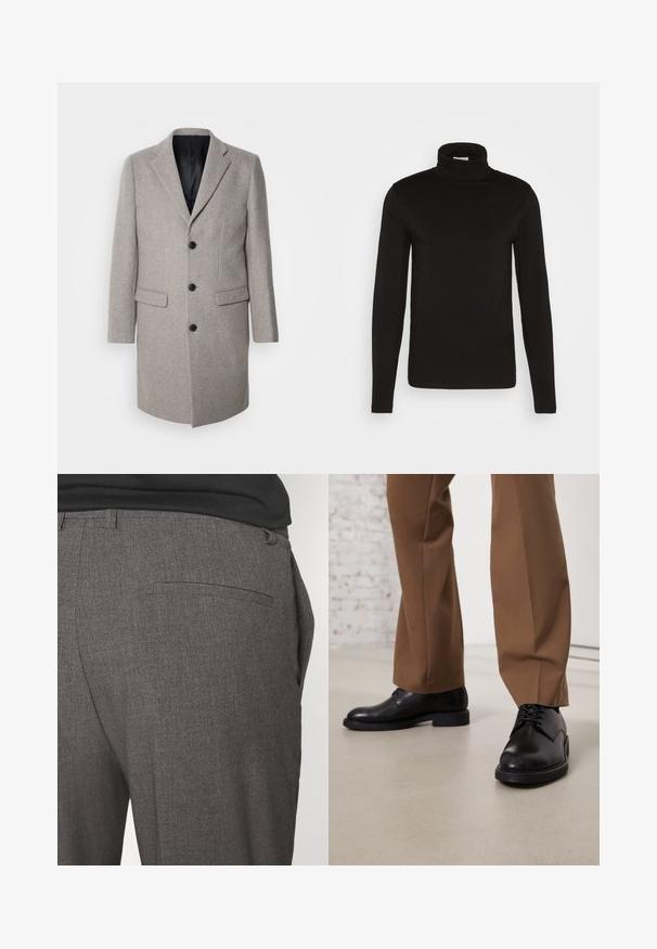 Abrigo de lana gris claro con un diseño a medida, solapas con muesca y tres botones negros. Presenta dos bolsillos frontales y un forro interior negro.; Camiseta de cuello alto de manga larga negra, elaborada en una tela suave con un diseño ajustado y un cuello alto, ceñido. Sin patrones ni acentos visibles.; Pantalones grises ajustados con una textura suave, que cuentan con un bolsillo trasero y un diseño slim fit. La tela tiene un patrón sutil.; Zapatos de cuero negro con superficie lisa y puntera redonda, que presentan cierre con cordones y una suela baja y plana. Combinados con pantalones marrones.