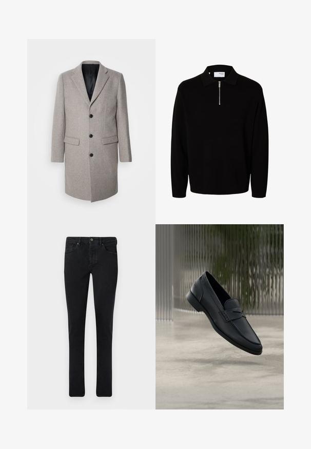 Abrigo de lana gris claro con un diseño a medida, solapas con muesca y tres botones negros. Presenta dos bolsillos frontales y un forro interior negro.; Jersey negro de manga larga de punto con cuello y cremallera corta frontal, diseñado para hombres.; Vaqueros de mezclilla oscura con un corte ajustado, diseño de cinco bolsillos y cierre de botón metálico. Textura suave y color uniforme en todo el conjunto.; Zapato tipo mocasín de cuero negro con acabado liso, punta puntiaguda y detalles cosidos en la pala. Tacón bajo y diseño minimalista.
