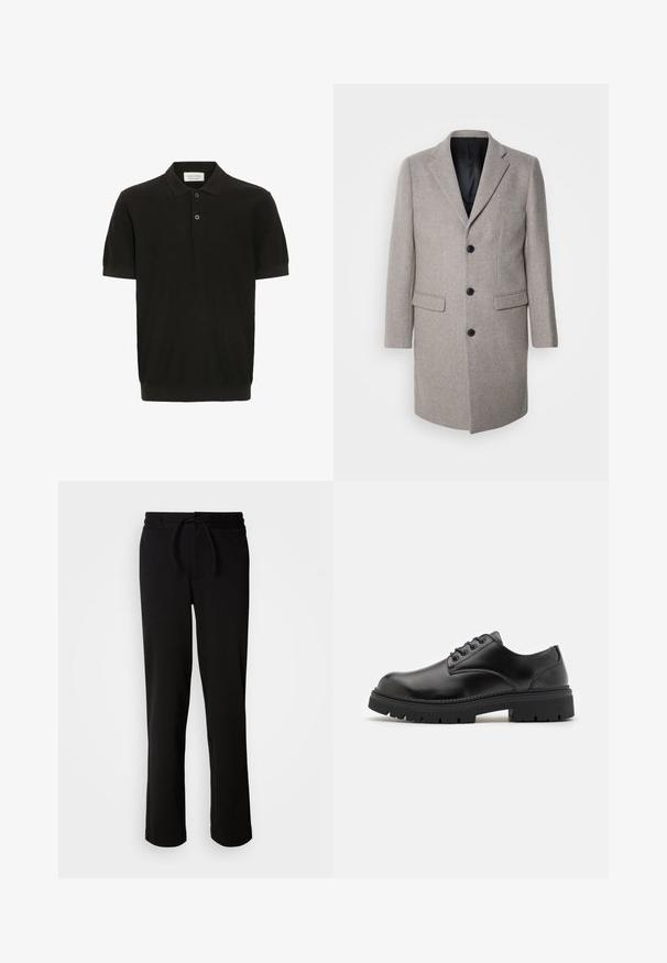 Abrigo de lana gris claro con un diseño a medida, solapas con muesca y tres botones negros. Presenta dos bolsillos frontales y un forro interior negro.; Polo de manga corta negro con un acabado texturizado, tapeta de tres botones y un cuello clásico. Presenta un dobladillo acanalado ceñido.; Pantalones de chándal negros con cinturilla ajustable, hechos de tela suave y elástica. Presentan un corte relajado con piernas rectas y sin bolsillos visibles.; Zapatos de cuero negro con punta redondeada, diseño con cordones y una suela de goma gruesa y texturizada. Presentan costuras a lo largo del borde y un acabado suave.