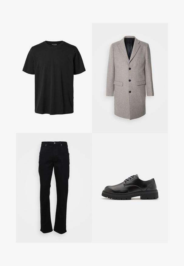 Lys grå uldfrakke med et skræddersyet design, runde slag og tre sorte knapper. Har to forlommer og en sort inderside.; Sort kortærmet t-shirt med rund halsudskæring, normal pasform og uden synligt design eller mærkning foran.; Sorte lige ben jeans med forlommer, bæltestropper og en knaplukning på en hvid baggrund.; Sorte lædersko med rund tå, snørelukning og en tykk, struktureret gummisål. Har syninger langs kanten og en glat overflade.