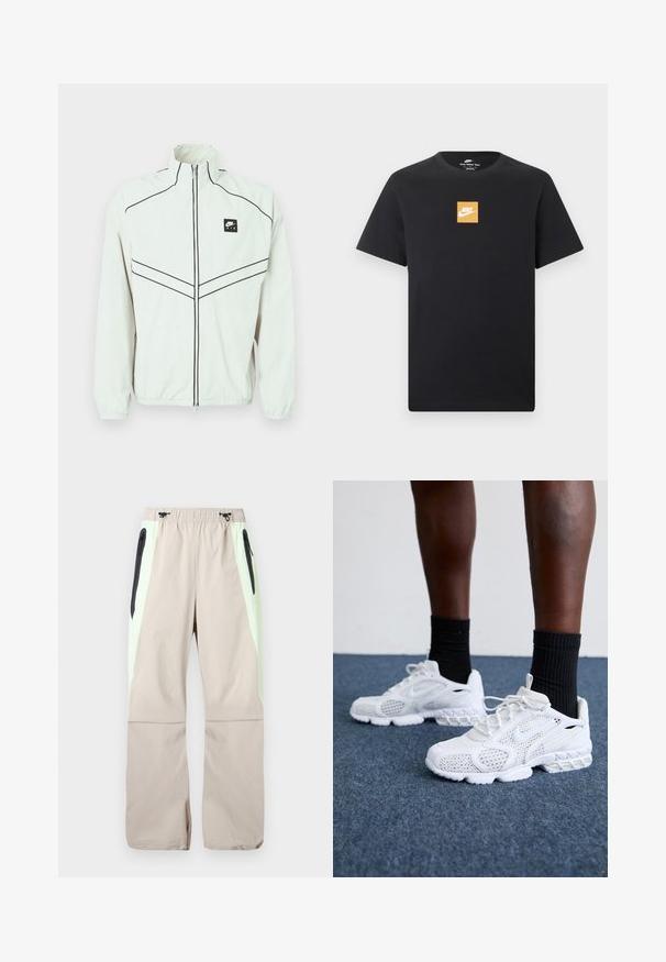 Hvid letvægtsjakke med høj krave, sort lynlås og broderet logo. Har sorte kantbånd og elastiske manchetter for et tætsiddende look.; Sort kortærmet Nike T-shirt med en lille orange firkantet logo og hvid Nike-swoosh placeret centralt på brystet.; Beige bukser med lysegrønne sidepaneler, sorte lår-lommer med lynlås og elastisk talje med sorte snore.; Hvide atletik-sko med mesh-overdel, teksturerede accenter og polstret sål. Parret med sorte ribbede ankelstrømper på en blå tæppebelagt overflade.