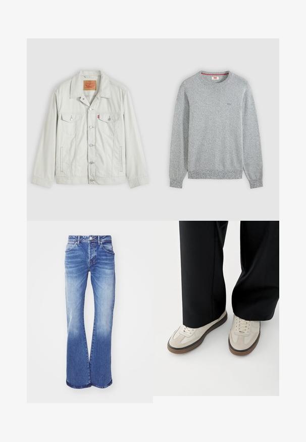 Lichtgrijs denimjack met knopen, kraag, klepzakken aan de voorkant, zijzakken en Levi's-logo op het borstzakje.; Lichtgrijze, gestructureerde, gebreide trui met ronde hals, lange mouwen en een klein Levi’s-logo op de linkerborst.; Lichtblauwe spijkerbroek met flared model en een vervaagde wassing, vijf zakken, knoopsluiting en gestikte details langs de naden. Brede pijpopening.; Voeten met beige sneakers met bruine zolen en zwarte wijde broekspijpen op een witte achtergrond.