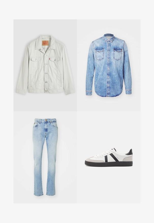 Lysegrå knap-op denimjakke med krave, forlommer med klap, sidelommer og Levi's logo-tag på brystlommen.; Lysblå denimskjorte med lange ærmer, knap-ned krave, to brystlommer og kontrastsyetning. Rundet kant og klassisk pasform.; Lyseblå denim jeans med lige pasform, der har fem lommer, knaplukning og subtil falming ved lårene og kanten.; Hvide sneakers med sorte og grå detaljer, med en tekstureret grå tåhætte, sort gummisål og flade hvide snørebånd. Rent design, minimalistisk stil.