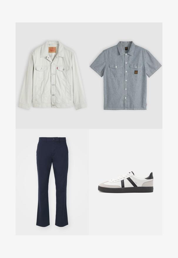 Veste en denim gris clair à boutons, avec col, poches à rabat sur le devant, poches latérales, et étiquette du logo Levi's sur la poche de poitrine.; Chemise à manches courtes avec boutons, fines rayures verticales bleues et blanches, deux poches poitrine boutonnées et un petit écusson logo rectangulaire sur la poche gauche.; Pantalon navy en tissu coton mélangé, avec une coupe droite, une taille standard avec fermeture à bouton et des poches latérales.; Baskets blanches avec des accents noirs et gris, présentant un embout texturé gris, une semelle en caoutchouc noir et des lacets plats blancs. Design épuré, style minimaliste.