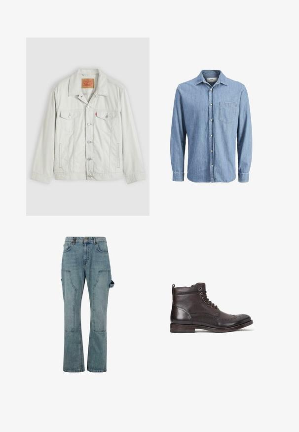Hellgraue Knopf-Denimjacke mit Kragen, vorderen Klappentaschen, Seitentaschen und Levi's-Logoschild an der Brusttasche.; Helles blaues Denimhemd mit Button-Down-Kragen, langen Ärmeln, einer einzelnen Brusttasche und gesticktem Logo auf der Tasche.; Hellblaue Denim-Cargo-Hose mit geradem Bein, ausgestattet mit mehreren Taschen und einem Knopfverschluss an der Taille.; Dunkelbraune Leder-Stiefelette mit Wingtipp-Design, runder Zehenpartie, subtilen Broguedetails, Metallösen und flachem Absatz. Mit Zuglasche.